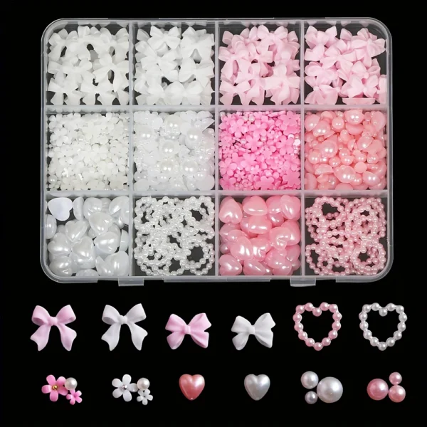 500PCS 3D Nail Art Decoration Kit with Resin Bows, Flat Back Pearls, and Assorted Shapes – Unscented DIY Craft Embellishments - Image 3