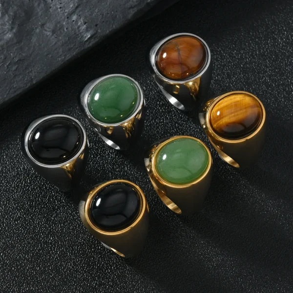 HNSP 316L Stainless Steel Oval Natural Stone Ring For Men Women Finger Vintage Jewelry Black Green Tiger Eye Stone Rings