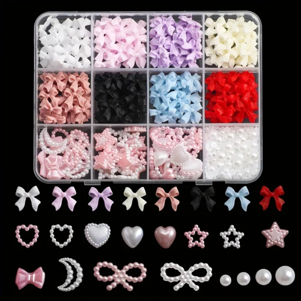 500PCS 3D Nail Art Decoration Kit with Resin Bows, Flat Back Pearls, and Assorted Shapes – Unscented DIY Craft Embellishments - Image 2