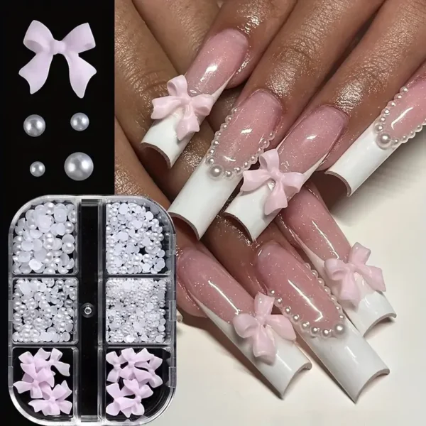 500PCS 3D Nail Art Decoration Kit with Resin Bows, Flat Back Pearls, and Assorted Shapes – Unscented DIY Craft Embellishments - Image 10