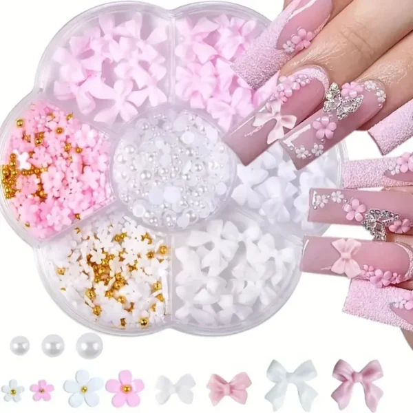 500PCS 3D Nail Art Decoration Kit with Resin Bows, Flat Back Pearls, and Assorted Shapes – Unscented DIY Craft Embellishments - Image 9