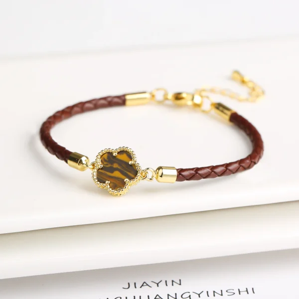 Classic Genuine Leather Woven Natural Stone Five Leaf Flower Charm Bracelet Fashion for Women Girls Party Wedding Jewelry Gift - Image 2