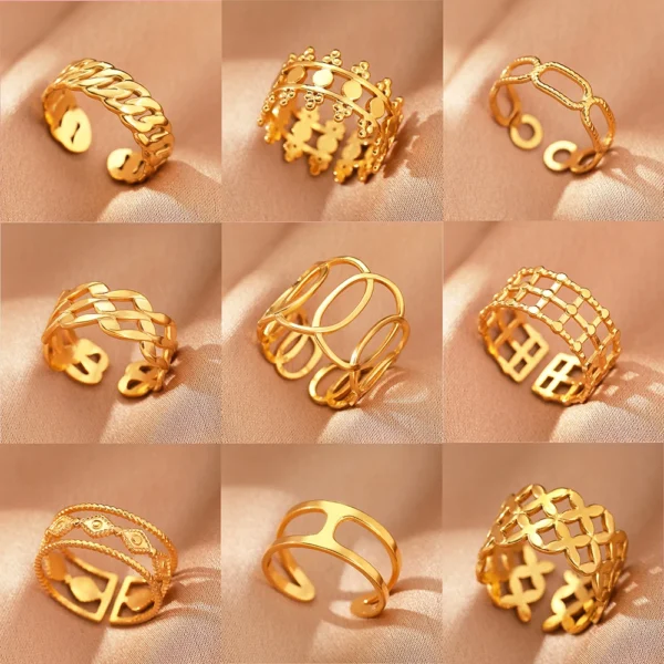Stainless Steel Rings Vintage Exquisite Hollow Adjustable Open Statement Rings Light Luxury Fashion Rings For Women Jewelry New