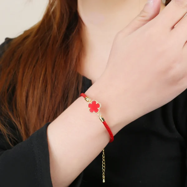 Classic Genuine Leather Woven Natural Stone Five Leaf Flower Charm Bracelet Fashion for Women Girls Party Wedding Jewelry Gift - Image 6