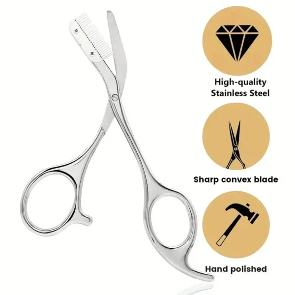 Stainless Steel Eyebrow Trimmer Scissors & Comb Set - Precision Grooming Tool for Men and Women - Effortless Hair Removal - Image 2