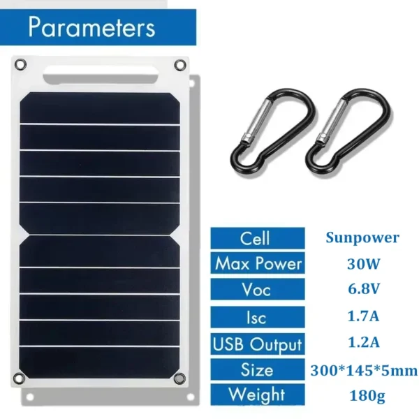 30W Solar Panel With USB Waterproof Outdoor Hiking And Camping Portable Battery Mobile Phone Charging Bank Charging Panel 6.8V - Image 2