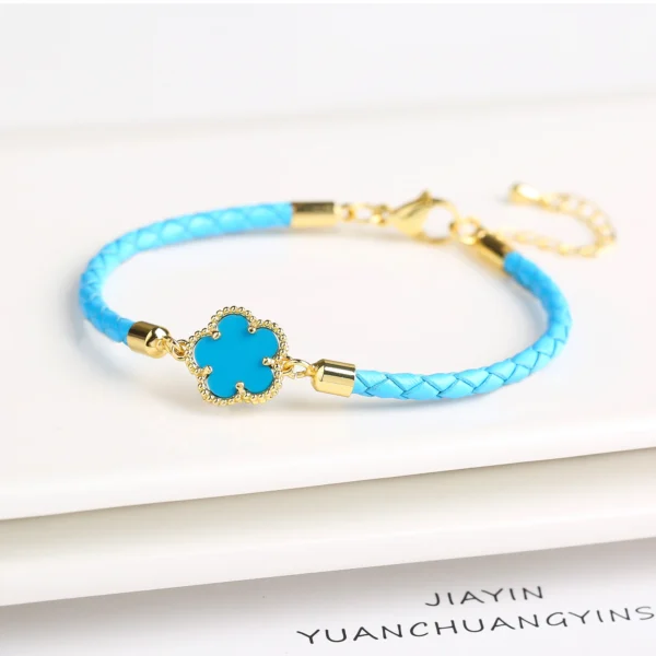Classic Genuine Leather Woven Natural Stone Five Leaf Flower Charm Bracelet Fashion for Women Girls Party Wedding Jewelry Gift - Image 7