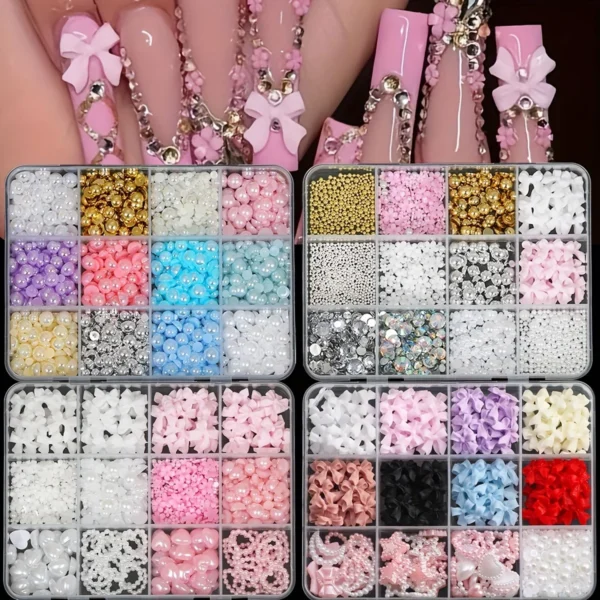 500PCS 3D Nail Art Decoration Kit with Resin Bows, Flat Back Pearls, and Assorted Shapes – Unscented DIY Craft Embellishments