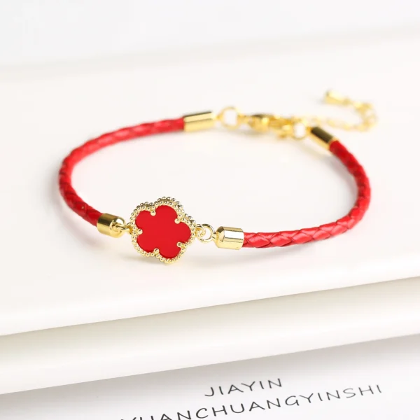 Classic Genuine Leather Woven Natural Stone Five Leaf Flower Charm Bracelet Fashion for Women Girls Party Wedding Jewelry Gift - Image 10
