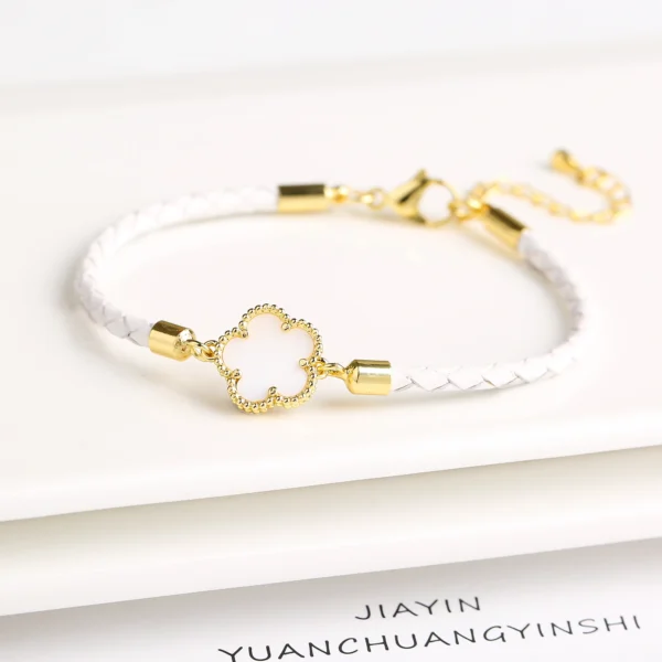 Classic Genuine Leather Woven Natural Stone Five Leaf Flower Charm Bracelet Fashion for Women Girls Party Wedding Jewelry Gift - Image 8