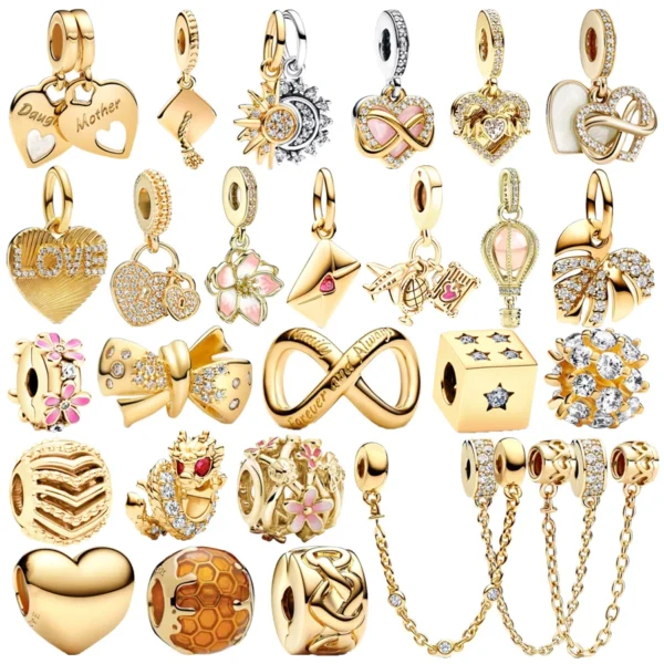 2025 NEW Sparking Gold Plated Charm Beads Fit Original 925 Silver Bracelet DIY Jewelry Gift Bow Double Heart Split Dangle