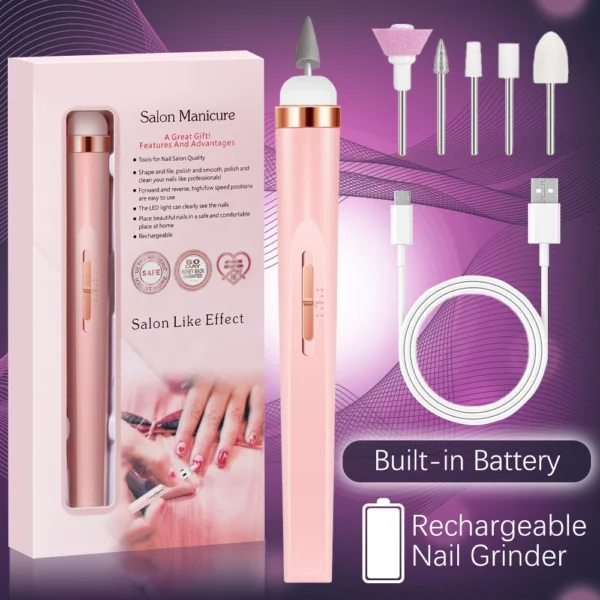 YIKOOLIN 5 in 1 Electric Nail Polish Drill Machine USB Charge Portable Manicure Set  Exfoliation and Polishing for Nail Salon - Image 9