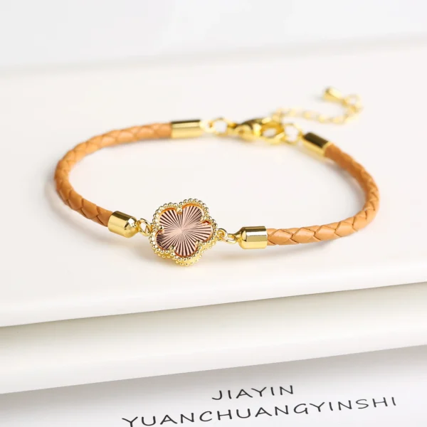 Classic Genuine Leather Woven Natural Stone Five Leaf Flower Charm Bracelet Fashion for Women Girls Party Wedding Jewelry Gift - Image 4