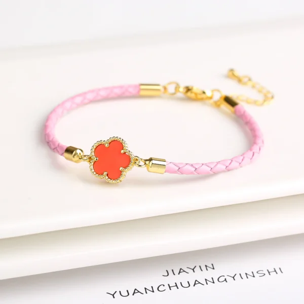 Classic Genuine Leather Woven Natural Stone Five Leaf Flower Charm Bracelet Fashion for Women Girls Party Wedding Jewelry Gift - Image 9