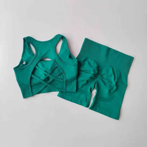 High Waist and Hip Lifting Fitness Set for Women with Beautiful Back Sport Bra Yoga Dress Tight Training and Sports Shorts Suit - Image 3