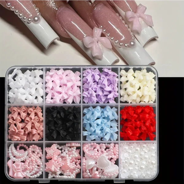500PCS 3D Nail Art Decoration Kit with Resin Bows, Flat Back Pearls, and Assorted Shapes – Unscented DIY Craft Embellishments - Image 5