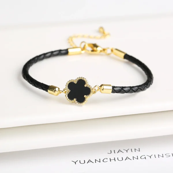 Classic Genuine Leather Woven Natural Stone Five Leaf Flower Charm Bracelet Fashion for Women Girls Party Wedding Jewelry Gift