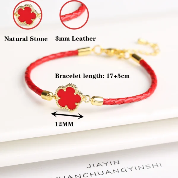 Classic Genuine Leather Woven Natural Stone Five Leaf Flower Charm Bracelet Fashion for Women Girls Party Wedding Jewelry Gift - Image 5