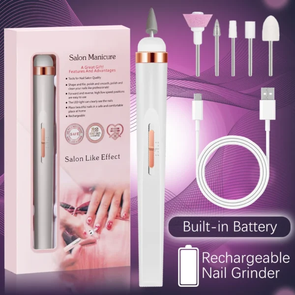YIKOOLIN 5 in 1 Electric Nail Polish Drill Machine USB Charge Portable Manicure Set  Exfoliation and Polishing for Nail Salon - Image 8