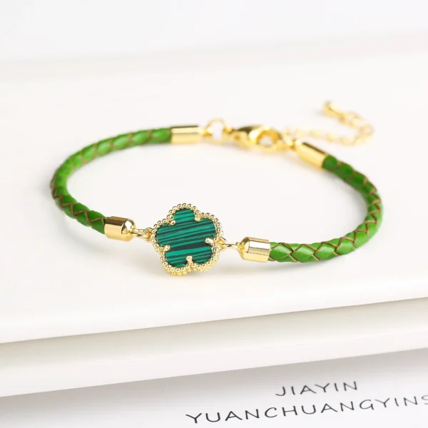 Classic Genuine Leather Woven Natural Stone Five Leaf Flower Charm Bracelet Fashion for Women Girls Party Wedding Jewelry Gift - Image 3